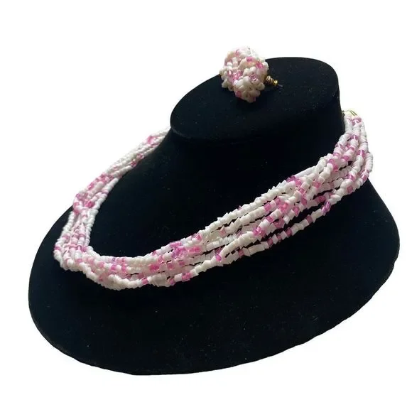 Vintage Pink and White Bohemian Glass MultiStrand Necklace Set NWT - Picture 11 of 15